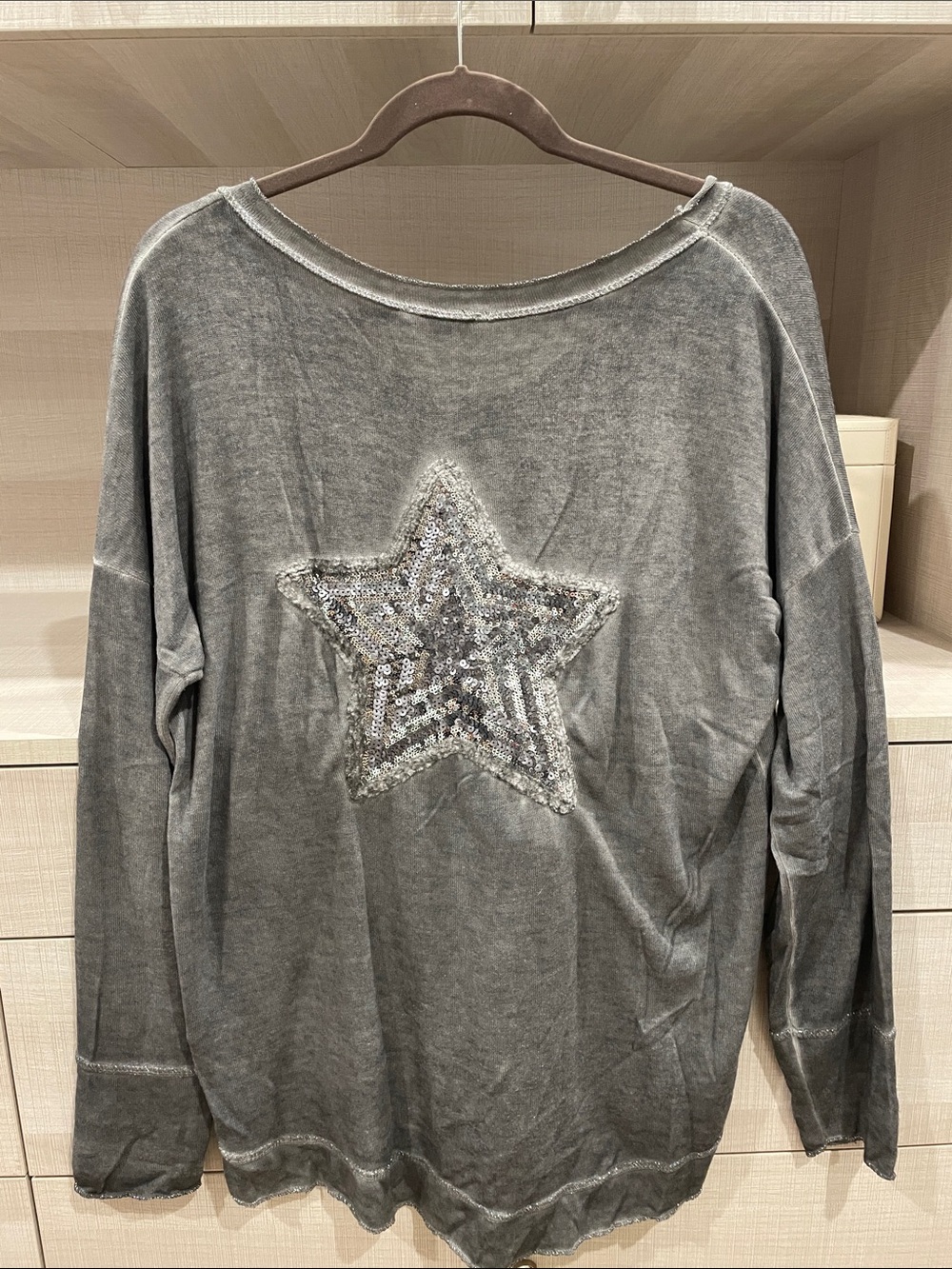 Tempo Paris Washed Charcoal V-Neck Embellished Lightweight Pullover
